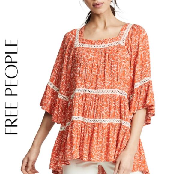FREE PEOPLE Talk About It Orange Print Peasant Top With Crochet Trim, S - Picture 1 of 12